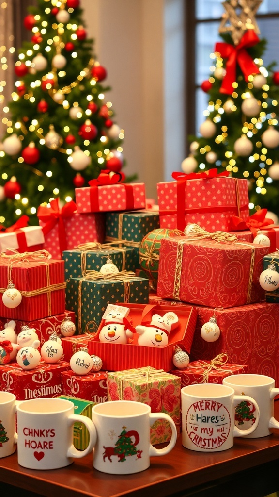 A collection of bulk Christmas gifts including wrapped boxes, ornaments, and mugs on a table with a Christmas tree.